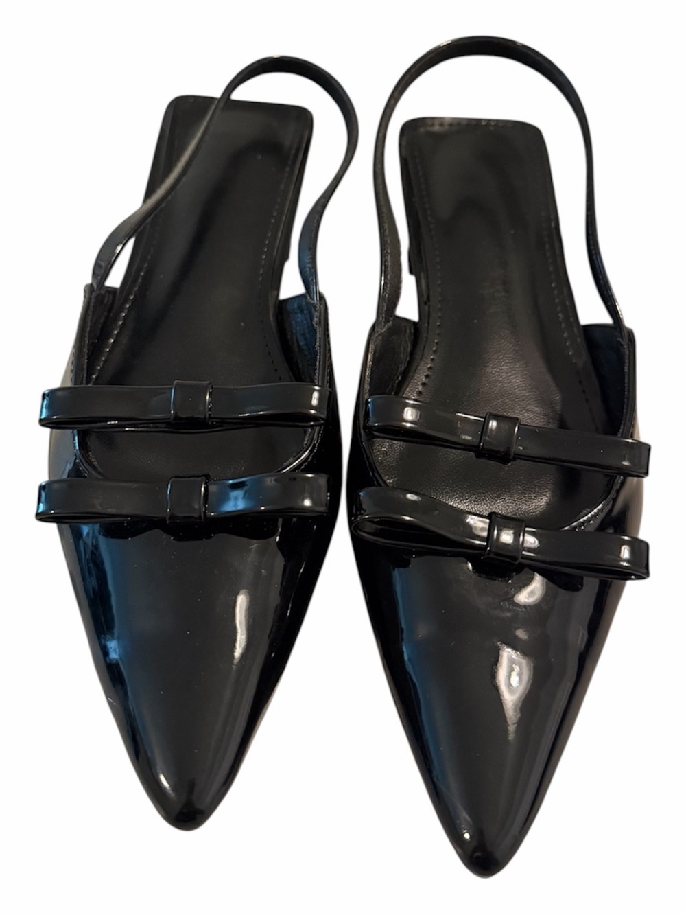 Black Patent Pointed Slingback Flats with Double Bow